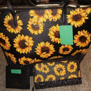 Kate Spade sunflower and glitter tote, wallet and card holder